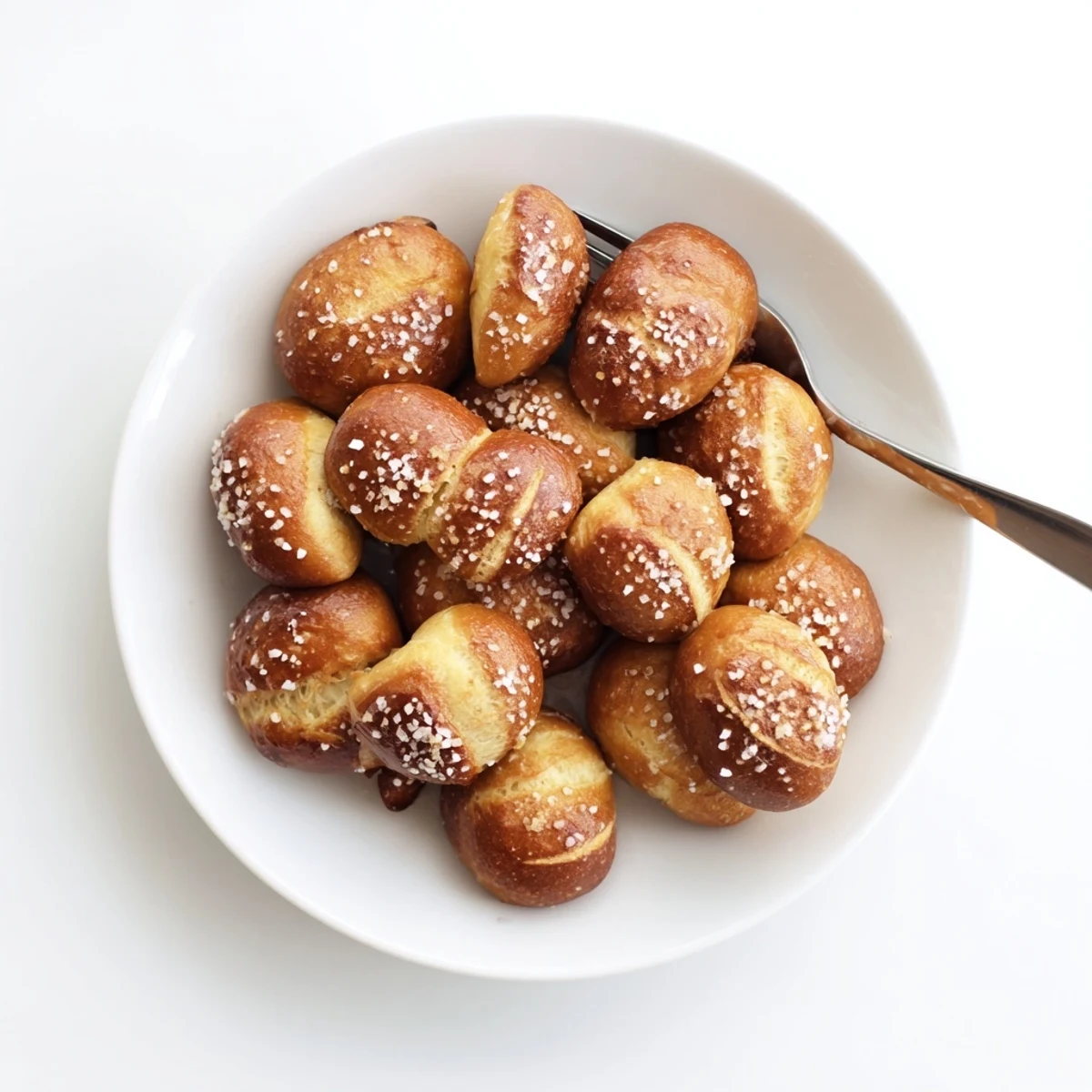 Bite-sized homemade soft pretzel bites arranged on a parchment lined baking sheet