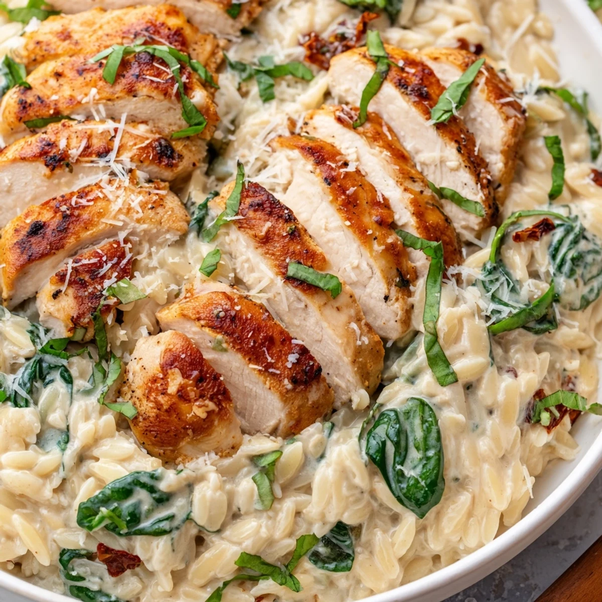 Golden Marry Me Chicken Orzo in creamy sundried tomato sauce topped with fresh basil