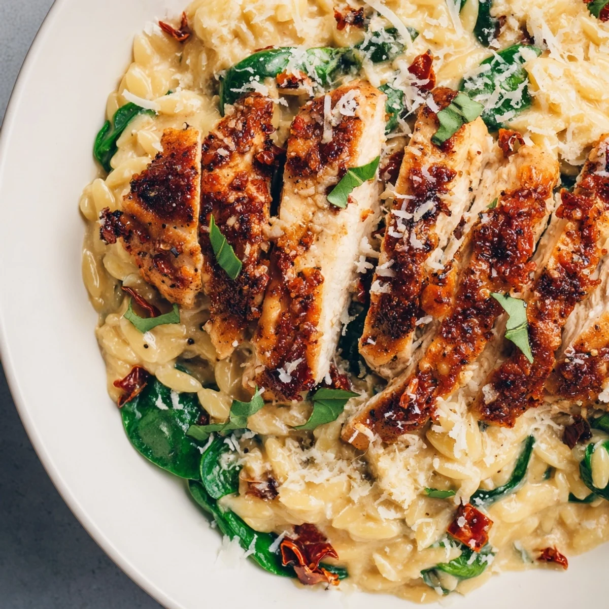 Comforting Marry Me Chicken Orzo dish garnished with basil and extra grated Parmesan cheese