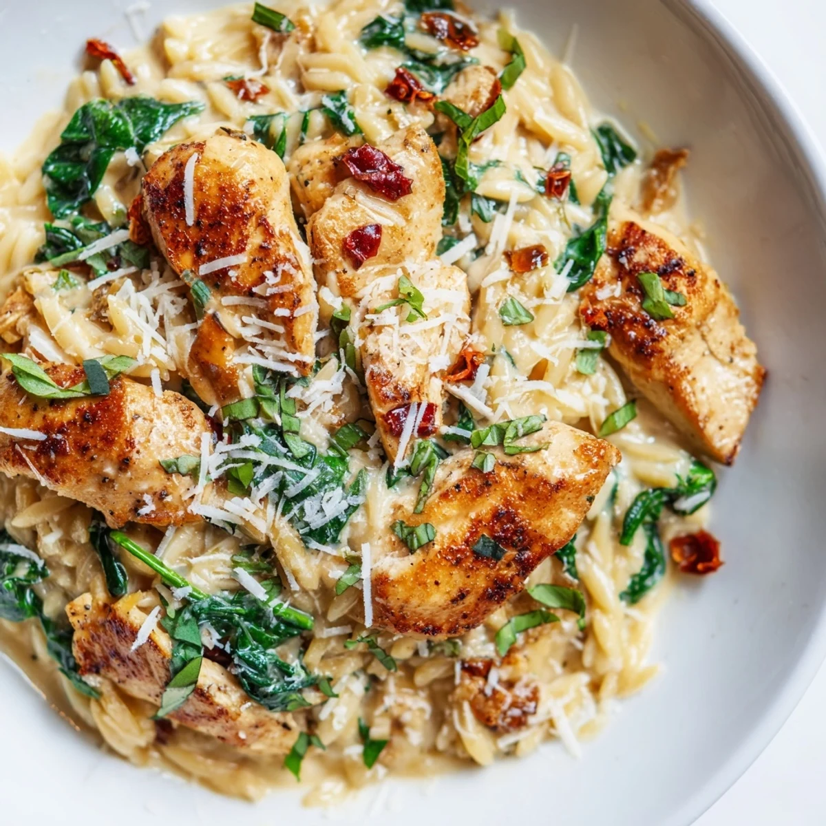 Sliced chicken breast nestled into tender orzo pasta with rich Parmesan cream sauce