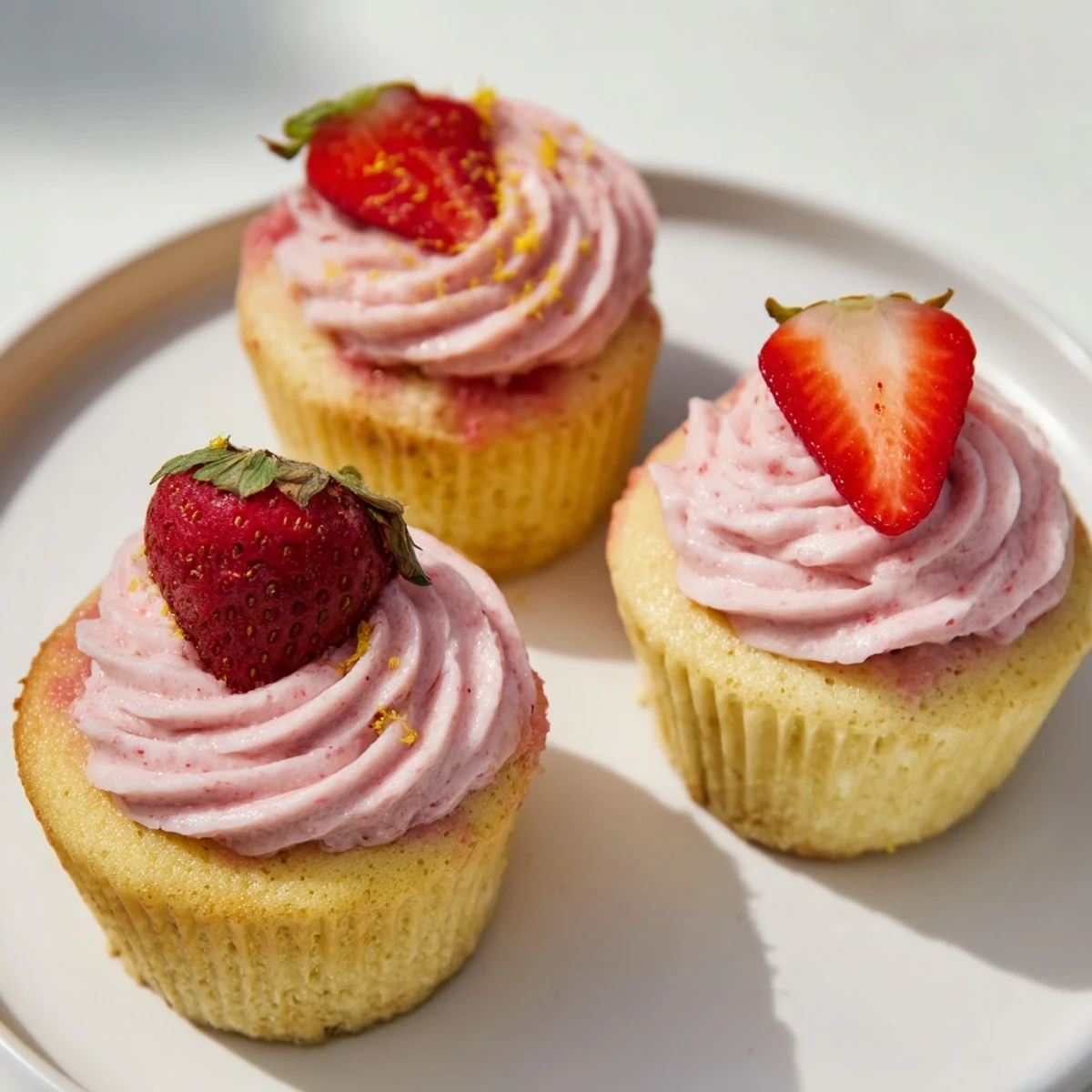 Baked strawberry lemonade cupcakes with fluffy pink frosting drizzled with strawberry puree and fresh berries