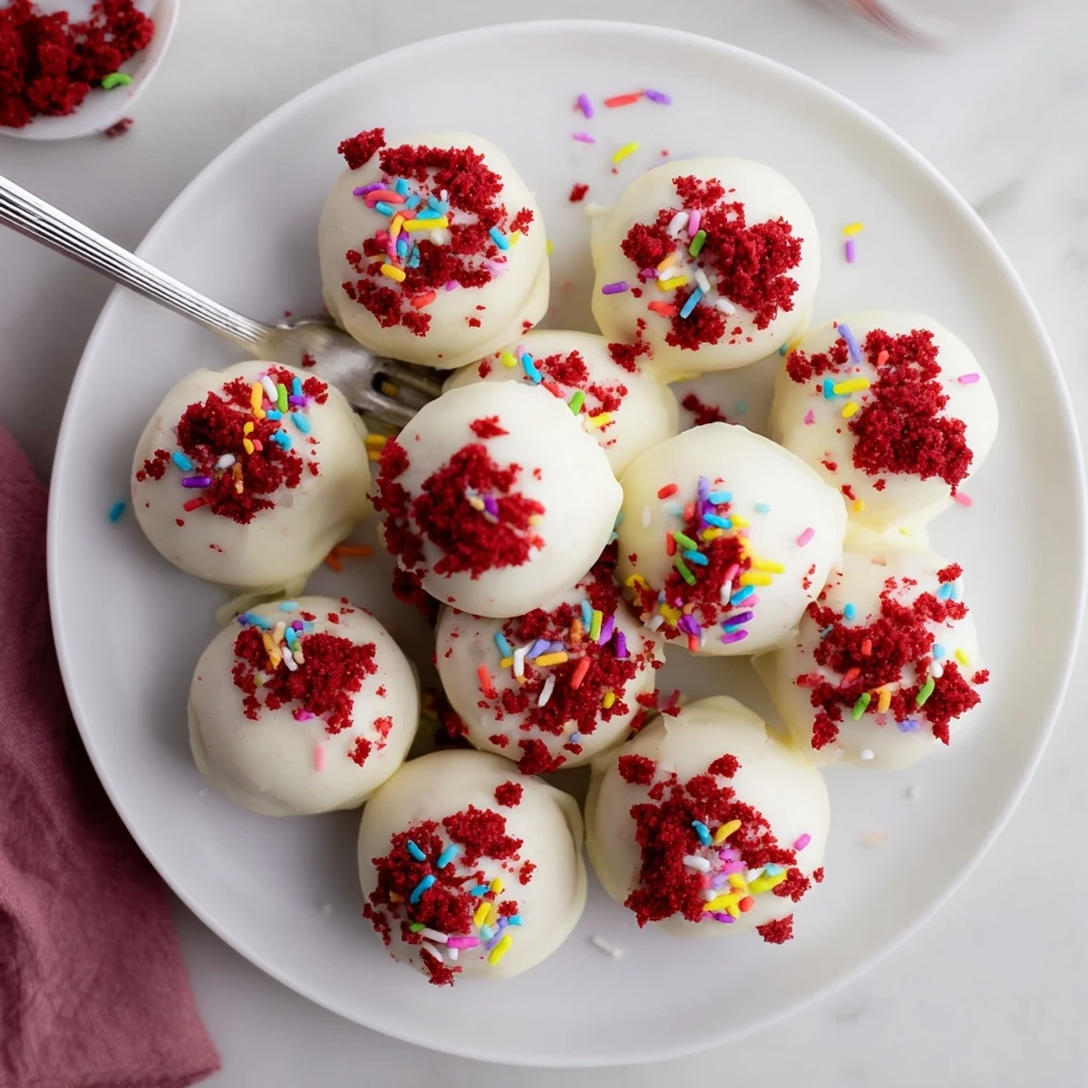 Decadent red velvet cheesecake balls on a white plate featuring creamy centers and chocolate coating