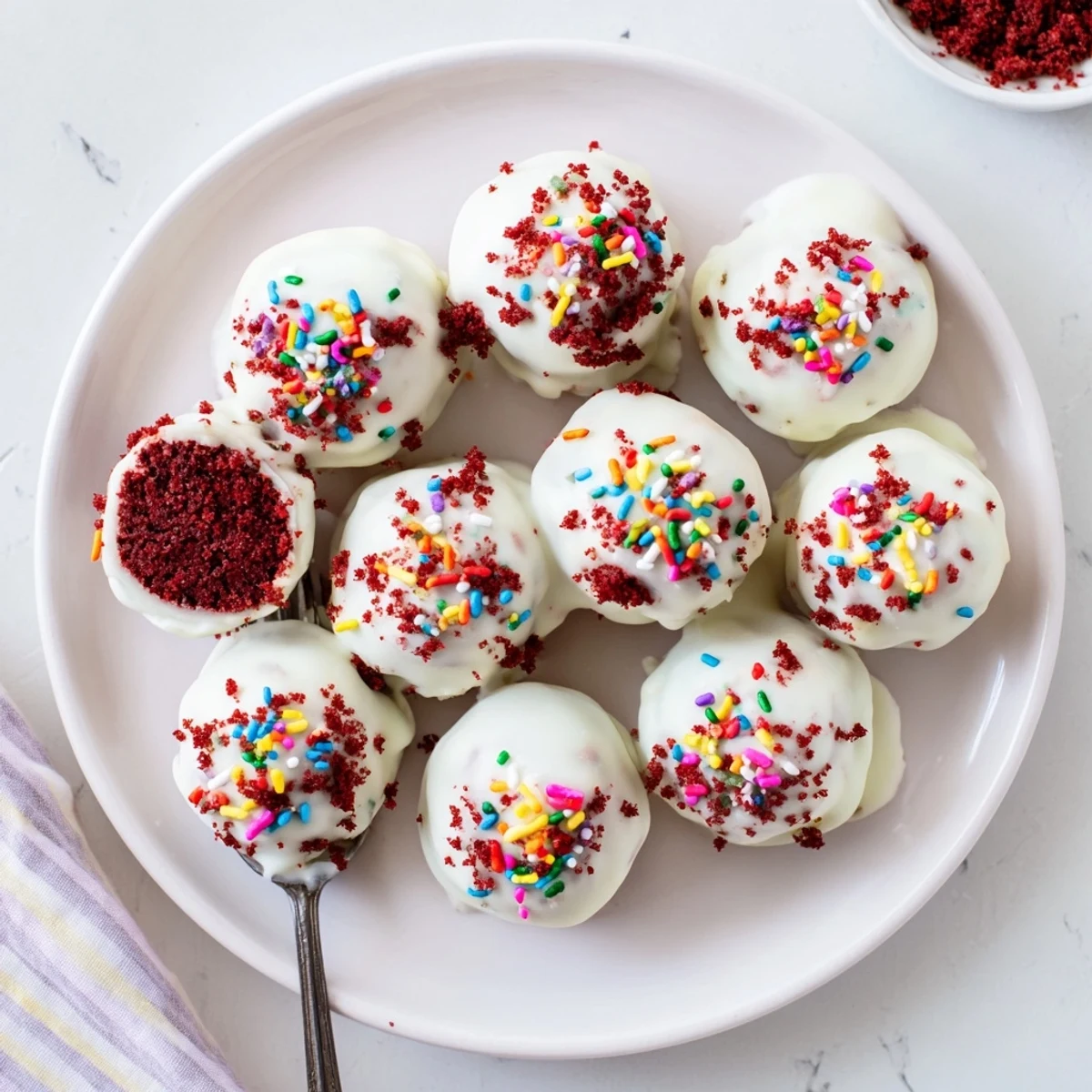 Bite-sized red velvet cheesecake balls dipped in smooth white chocolate and topped with colorful sprinkles