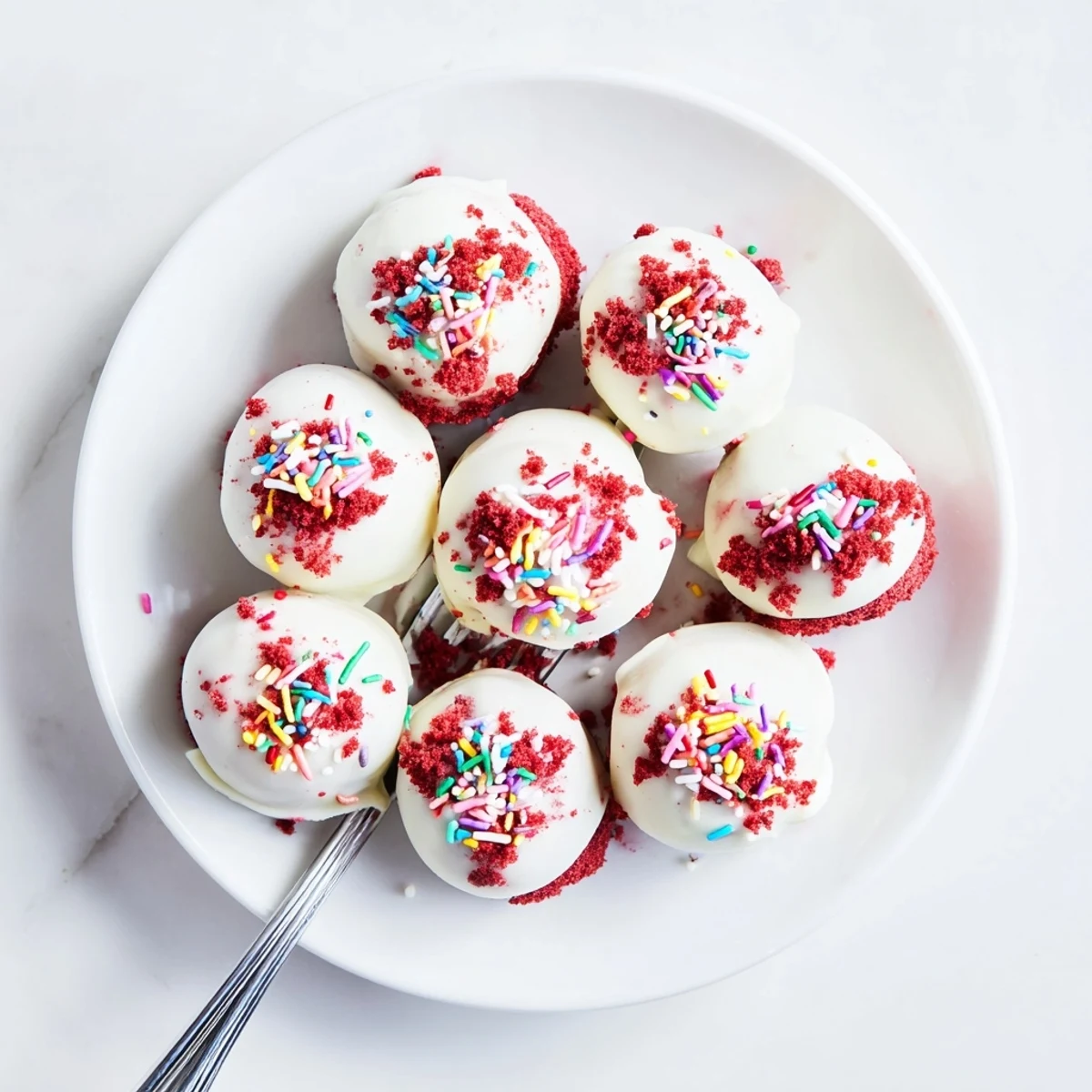 Homemade red velvet cheesecake balls arranged on a serving platter with white chocolate drizzle and crumbs