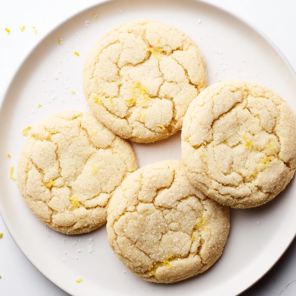 Plate of soft chewy lemon cookies dusted with sugar showing their tender crumb and bright yellow citrus flavor