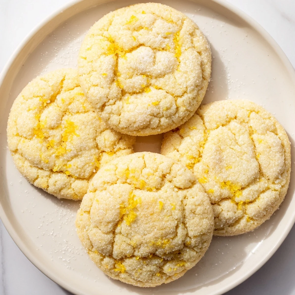 Freshly baked soft chewy lemon cookies stacked high with slightly underbaked centers and crackled edges