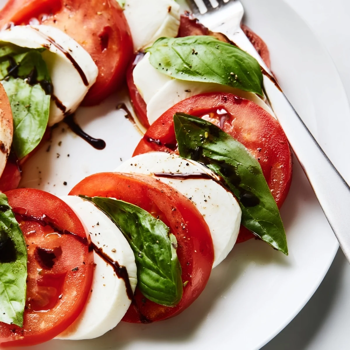Classic Caprese Salad with ripe tomato slices, creamy mozzarella, basil, olive oil.
