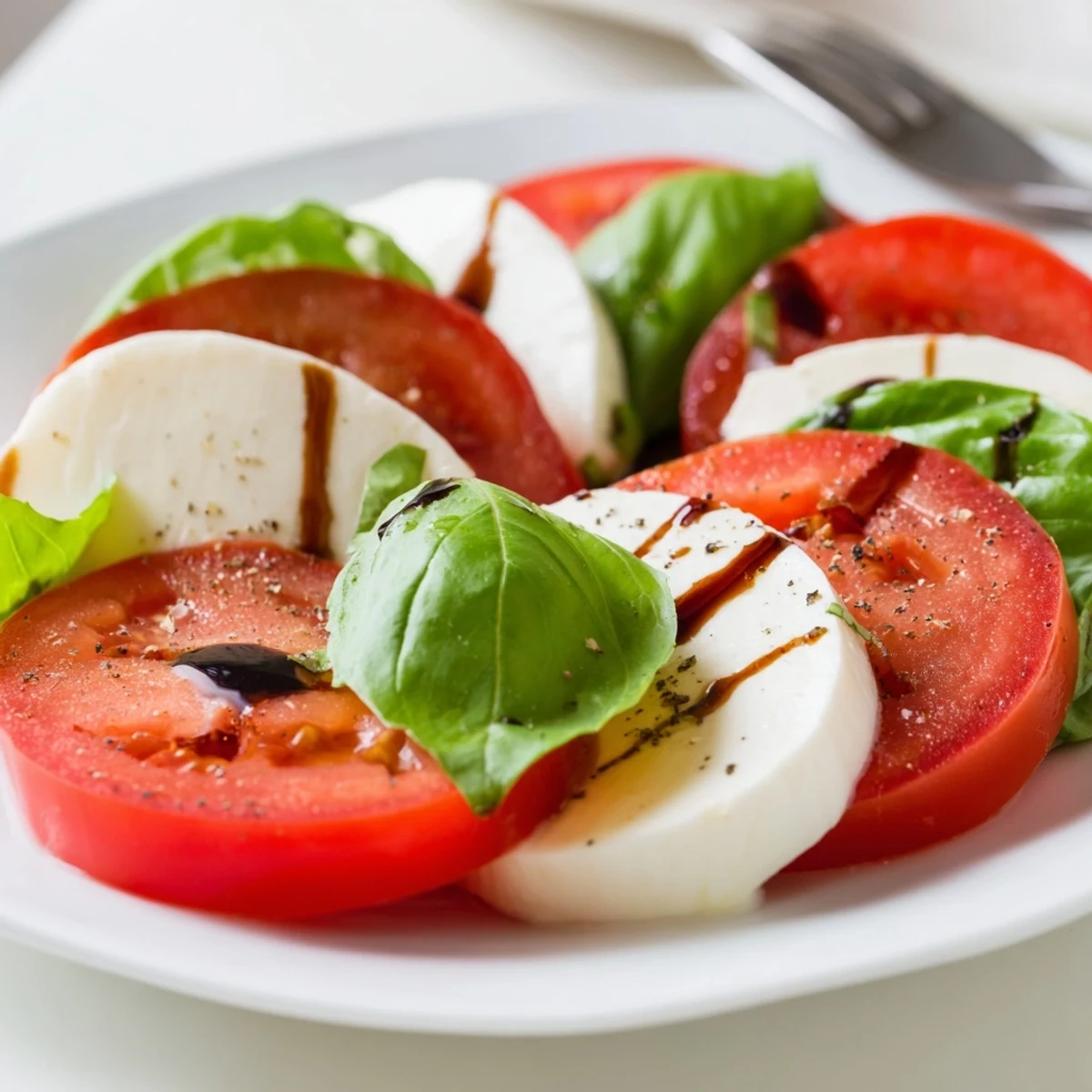 Bright Classic Caprese Salad served on platter, balsamic drizzle and sea salt.
