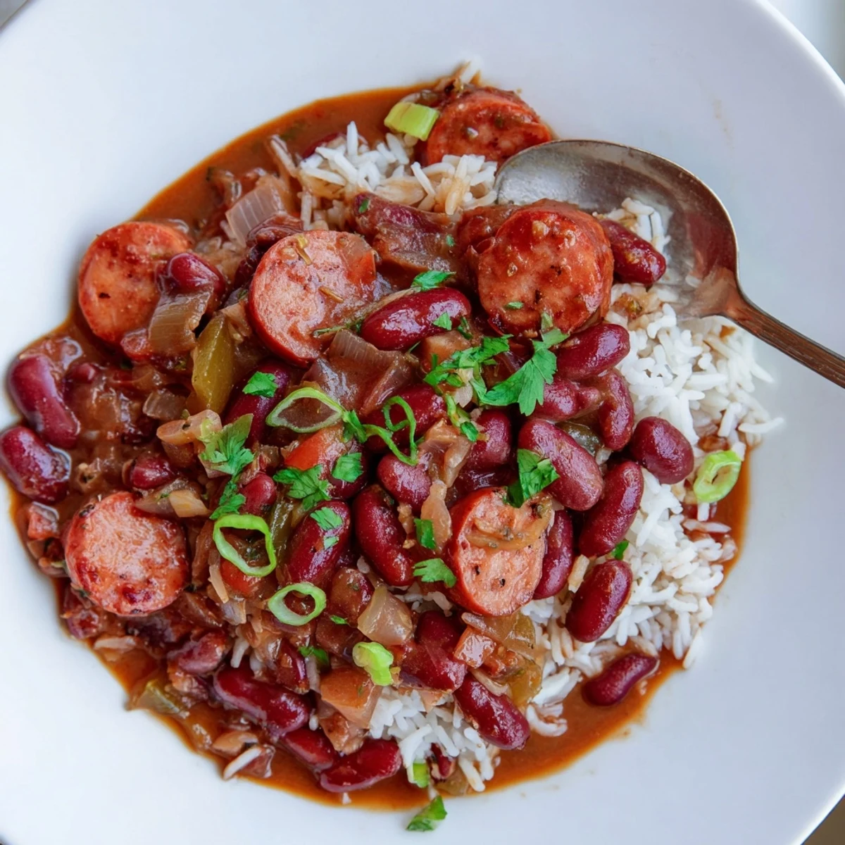 Red Beans and Rice steaming in a bowl, smoky sausage and parsley