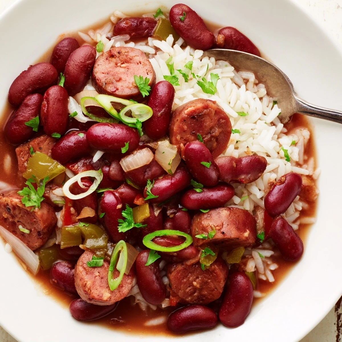 Hearty Red Beans and Rice over fluffy white rice with green onions