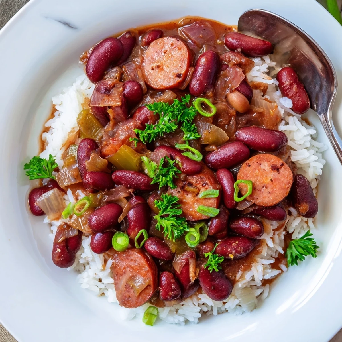 Spicy Red Beans and Rice ladled from Dutch oven, aromatic vegetables visible