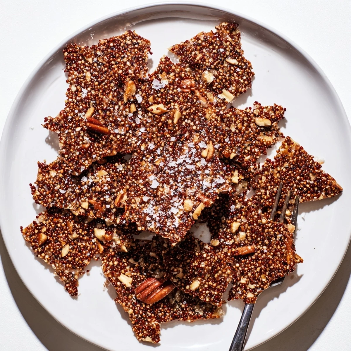 Sea Salted Quinoa Pecan Brittle glistening with flaky salt, crunchy toasted pecans