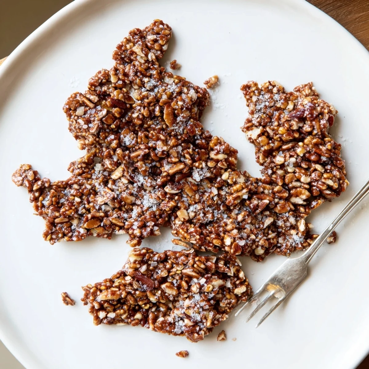 Sea Salted Quinoa Pecan Brittle broken into shards on parchment, puffed quinoa visible