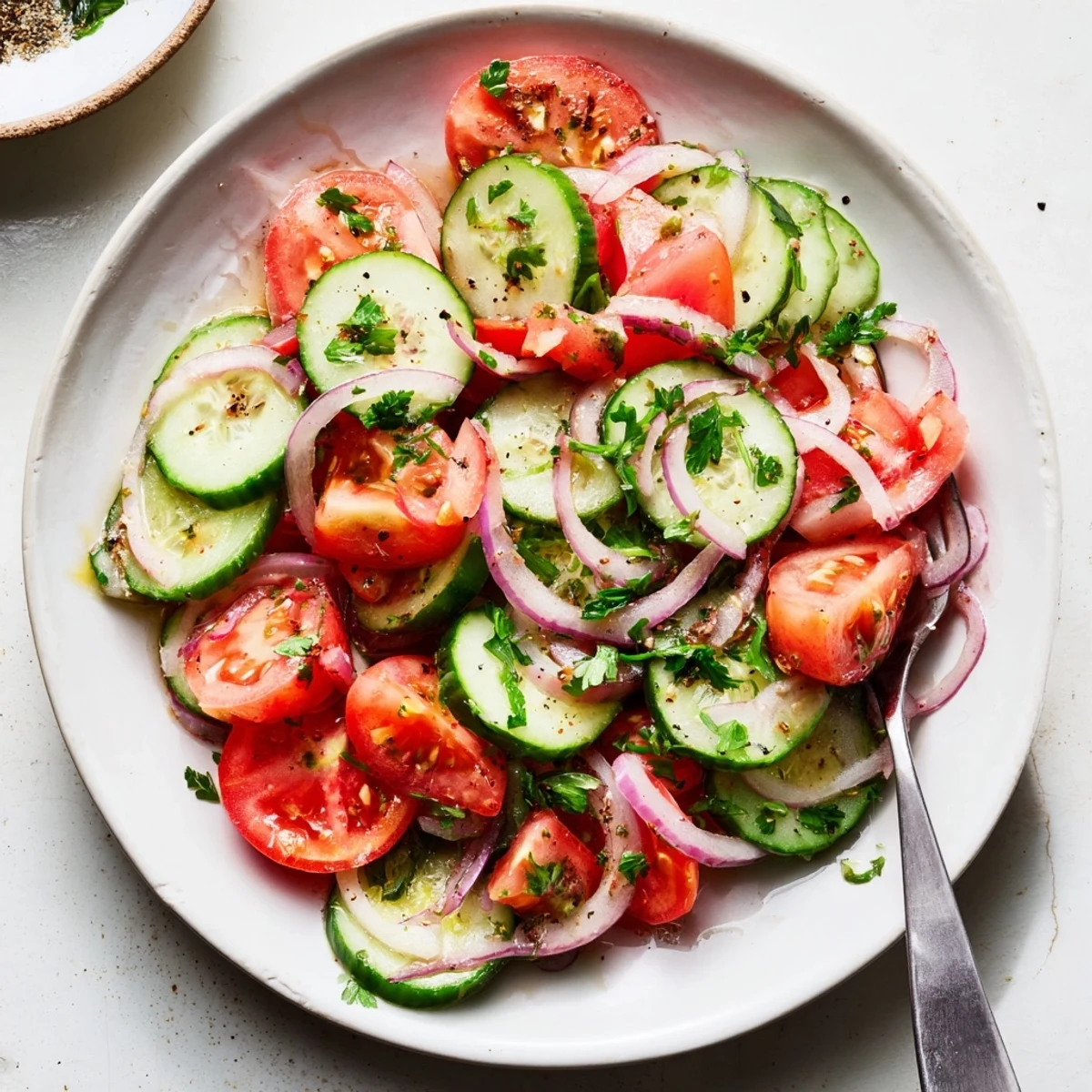 Cucumber tomato salad with bright red tomatoes, crisp cucumbers, and tangy vinaigrette in a white bowl