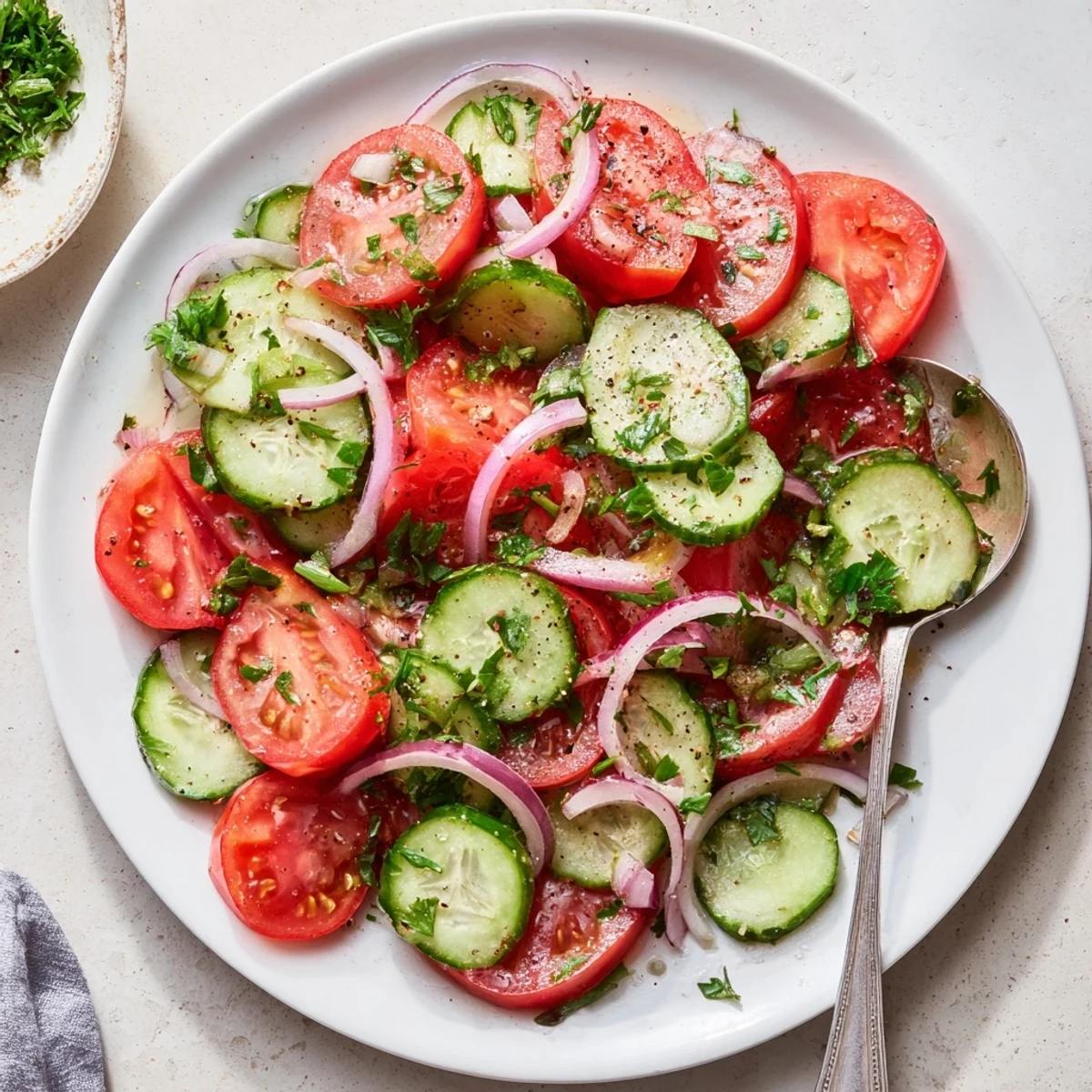 Fresh cucumber tomato salad tossed with parsley, red onion, and a zesty lemon olive oil dressing