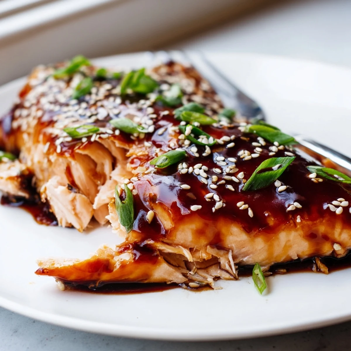 Glistening gluten free teriyaki salmon fillet brushed with a thick, sticky homemade sauce