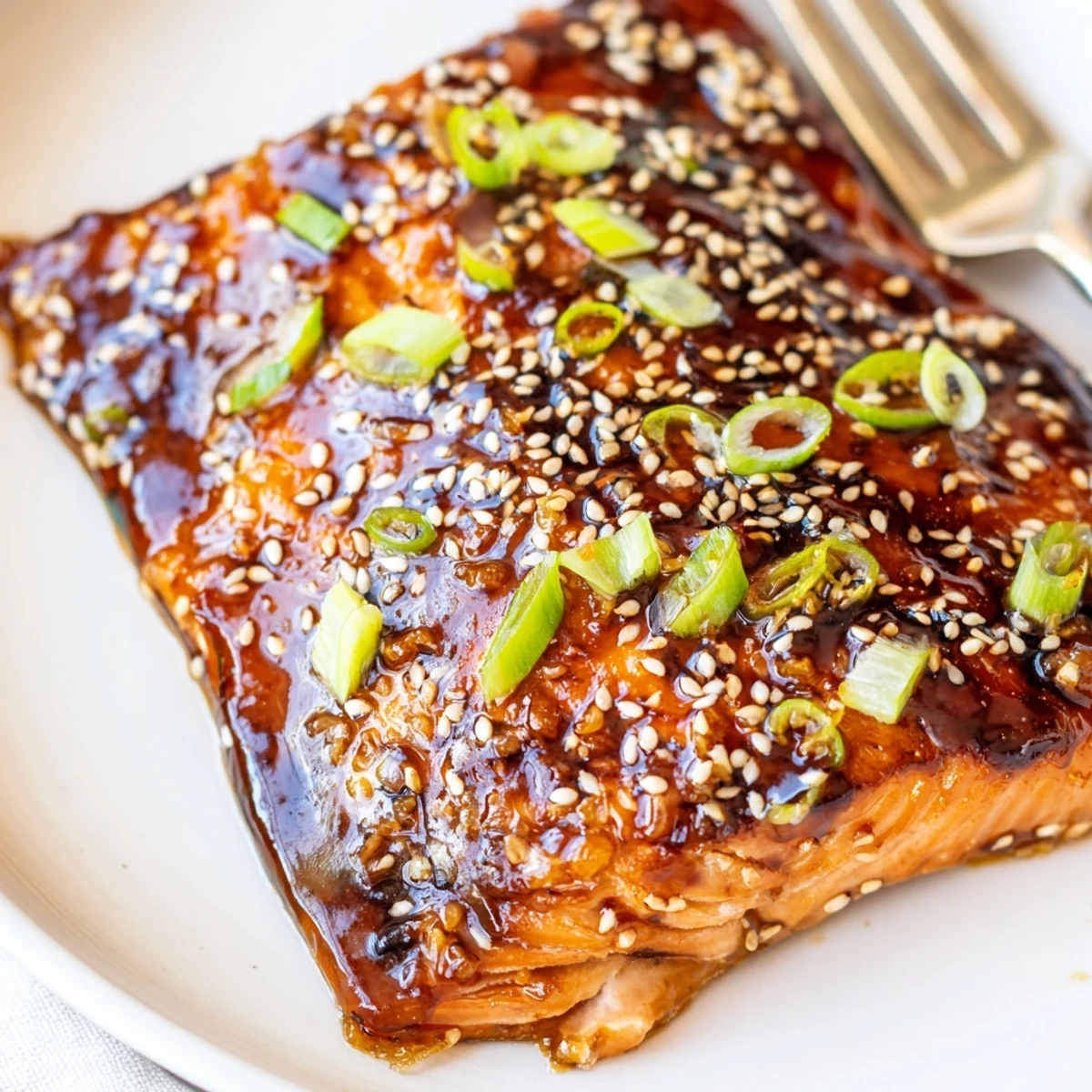 Caramelized gluten free teriyaki salmon plated over fluffy steamed white rice with sesame garnish