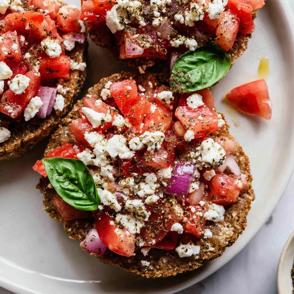 Golden crispy Cretan feta rusks topped with ripe tomatoes and fragrant oregano