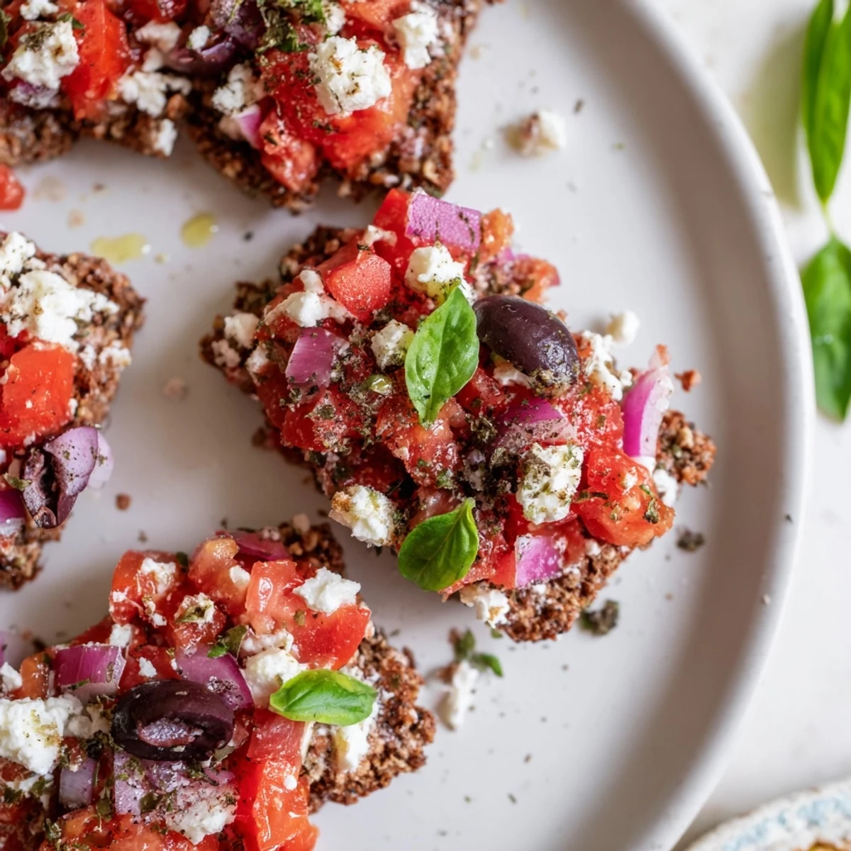 Crispy Cretan feta rusks garnished with fresh herbs, olives, and crumbled cheese