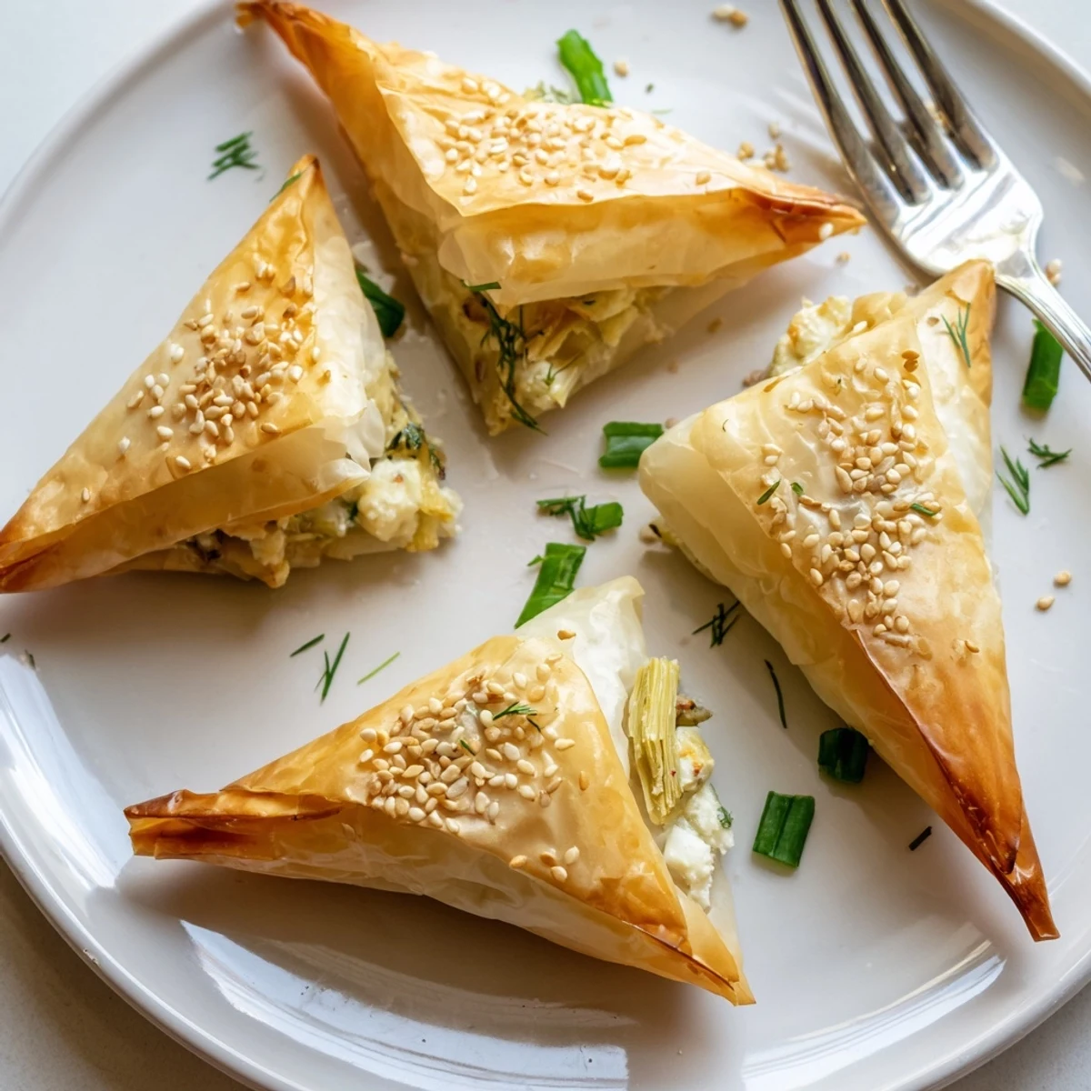 Crispy golden artichoke and Graviera filo puffs arranged on a rustic baking sheet