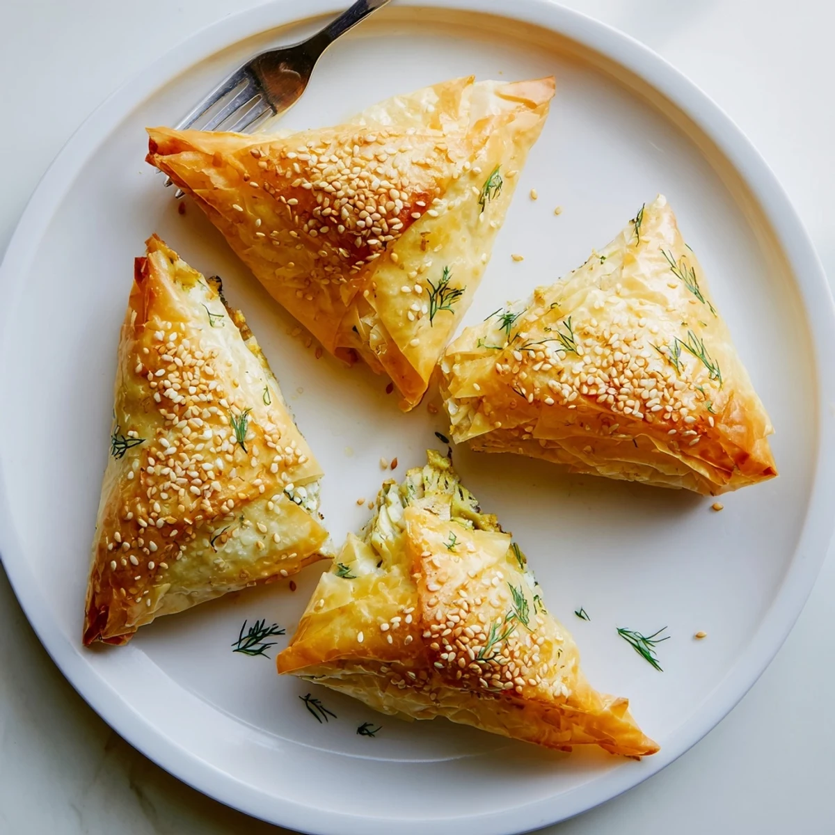 Artichoke and Graviera filo puffs with flaky layers and melted cheese filling visible