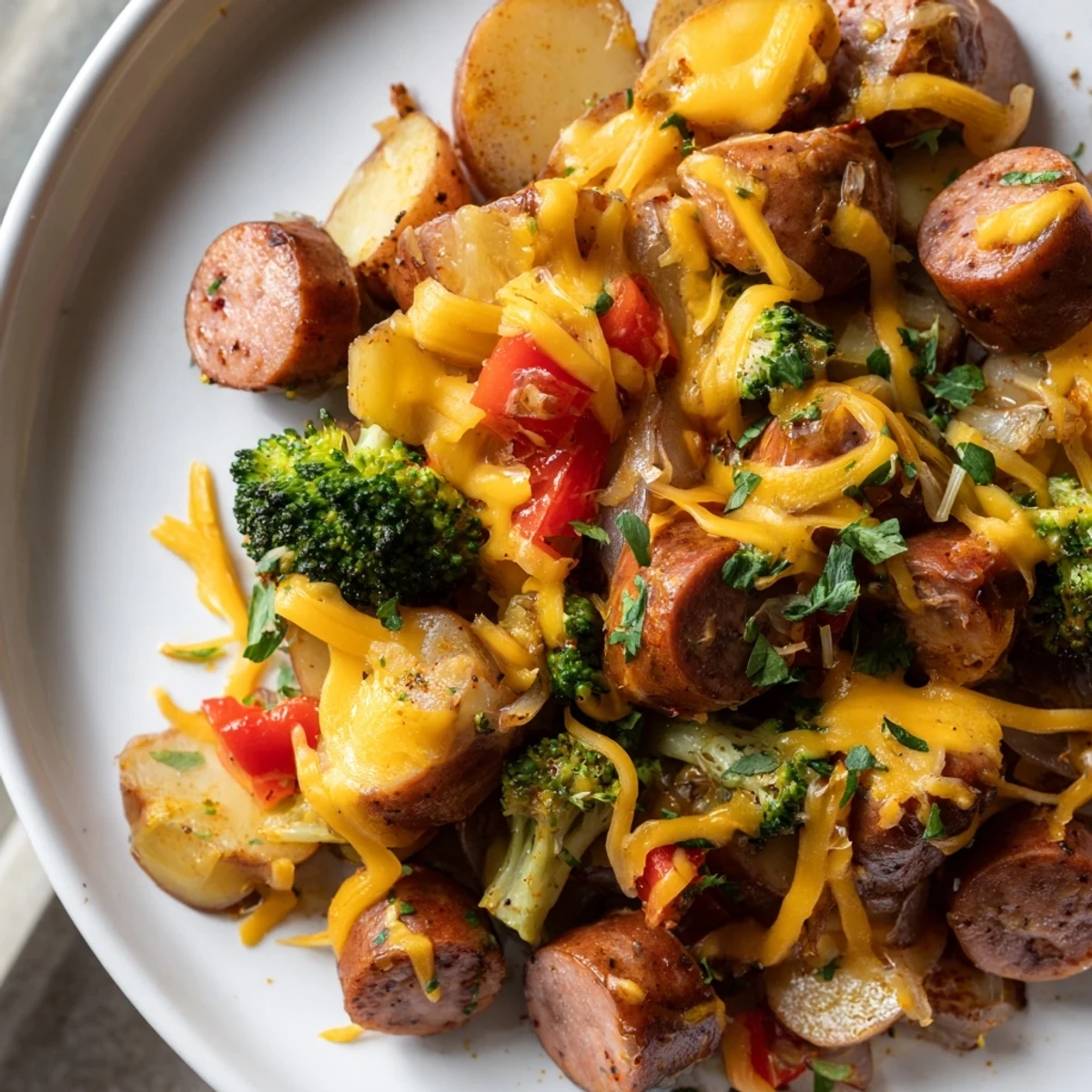 Golden bubbling cheesy kielbasa skillet with tender potatoes and vibrant vegetables in cast iron