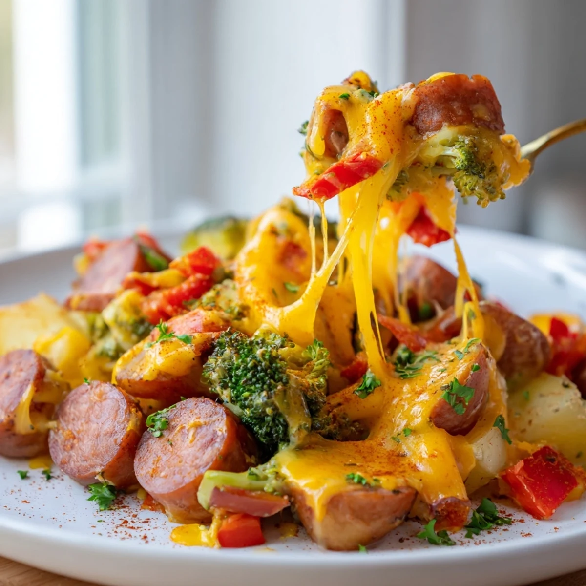 Smoky cheesy kielbasa skillet topped with melted cheddar and fresh parsley garnish