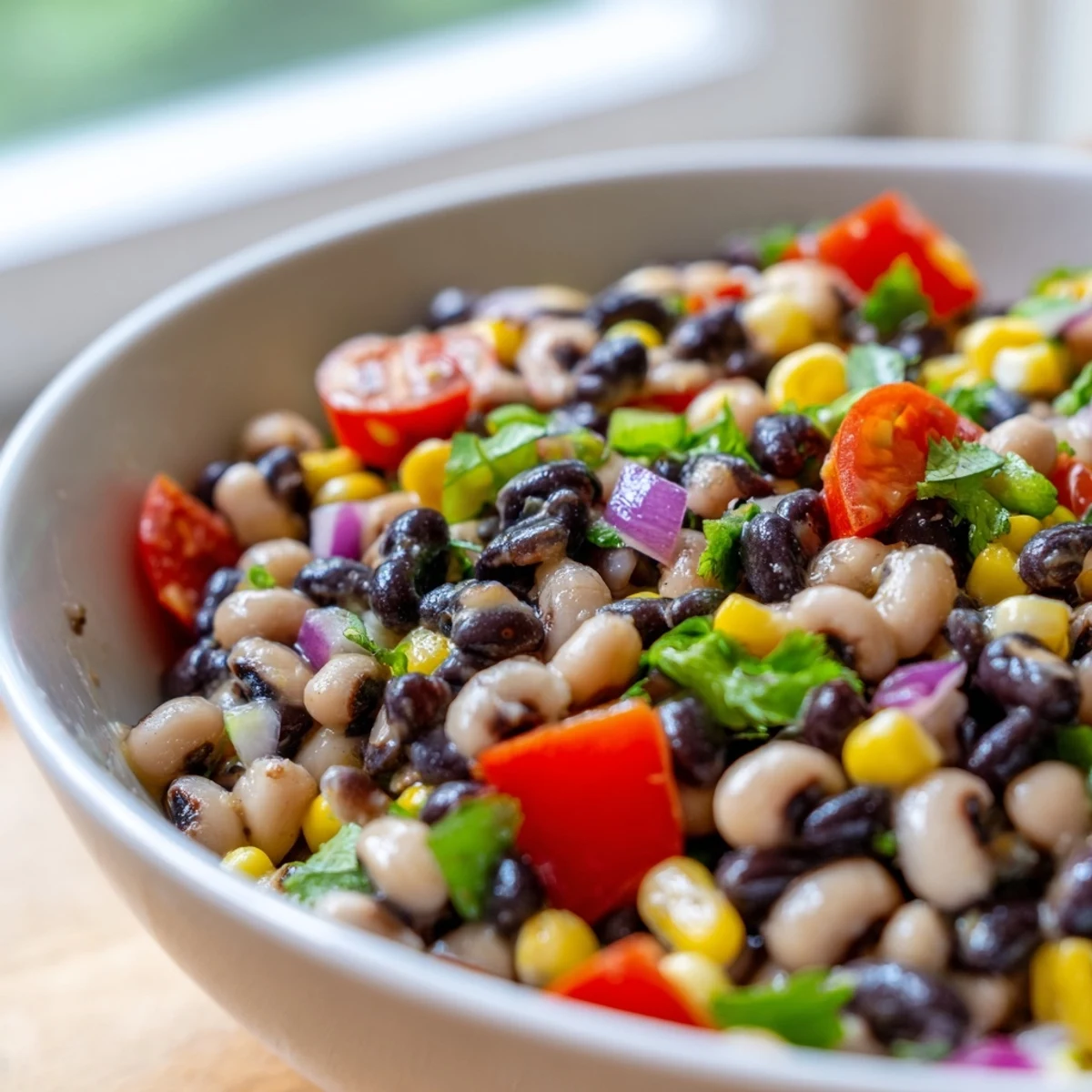 Colorful Cowboy Caviar in a bowl with black beans, corn, and diced peppers