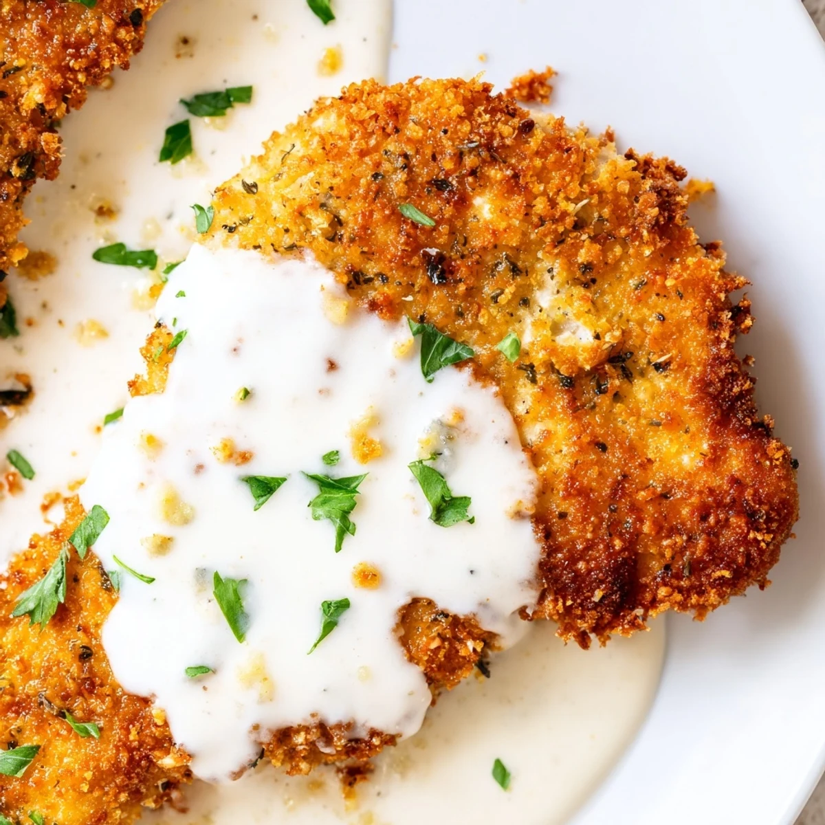 Golden crispy Parmesan chicken drizzled with rich, creamy garlic sauce on a white plate