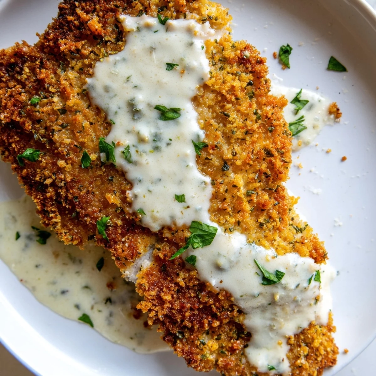 Crispy Parmesan chicken with creamy garlic sauce served alongside buttery mashed potatoes