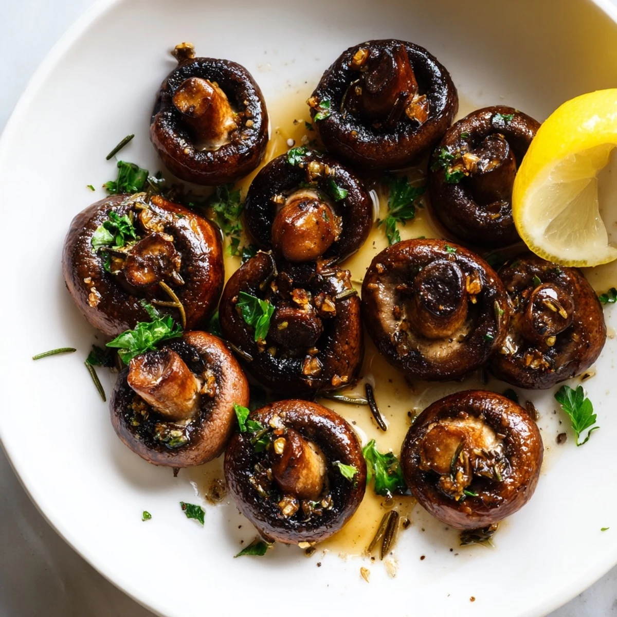 Golden sauteed grilled garlic mushrooms glistening with butter and fresh parsley on a rustic plate