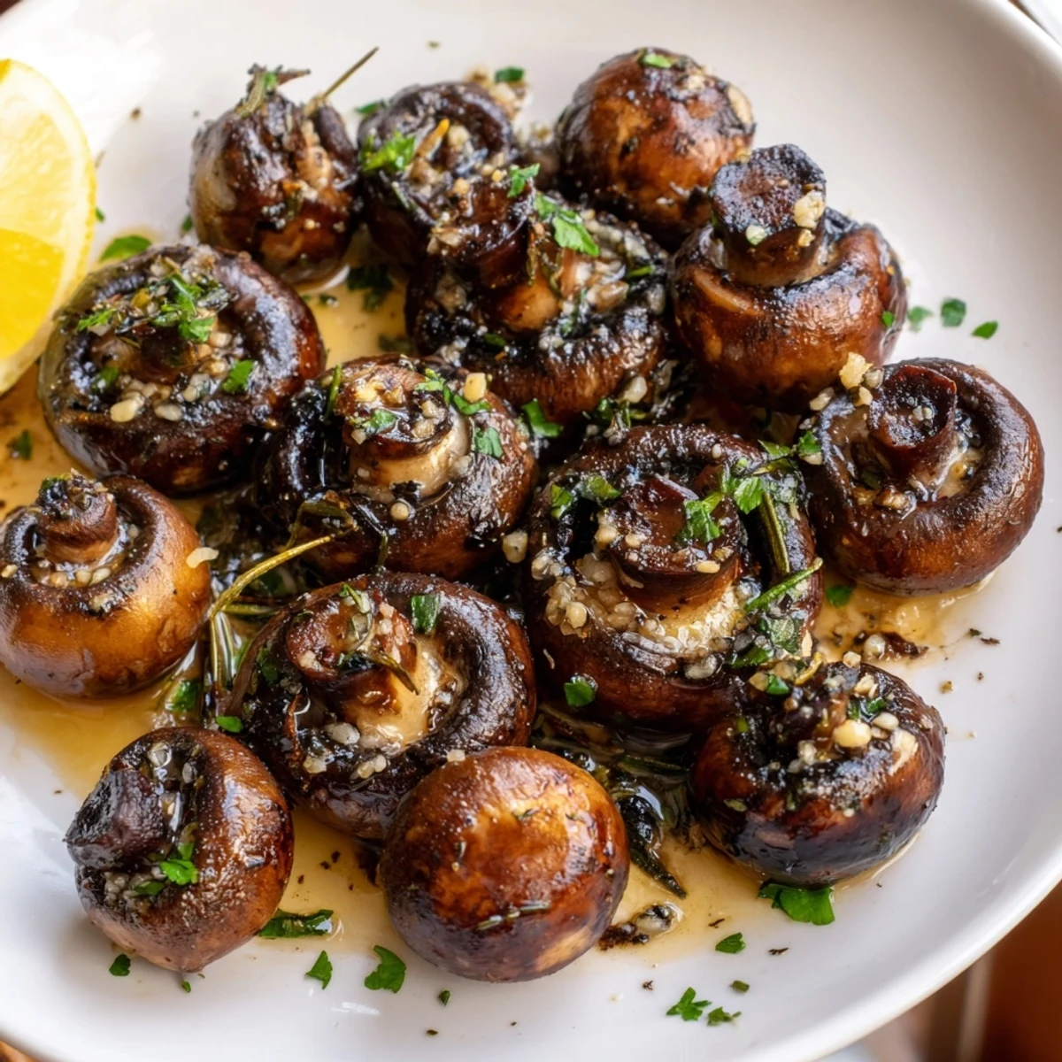 Smoky sauteed grilled garlic mushrooms in a cast iron skillet with minced garlic and herbs
