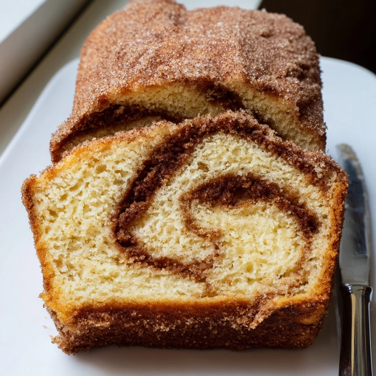 Warm cinnamon donut loaf sliced on a rustic wooden cutting board with crumb topping