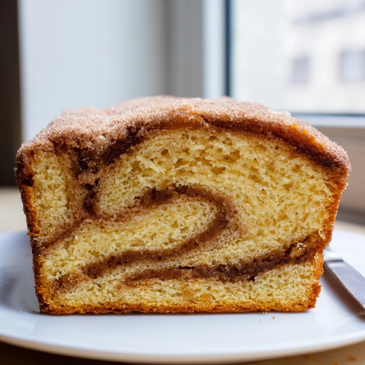 Golden cinnamon donut loaf with a swirl of brown sugar cinnamon streusel inside