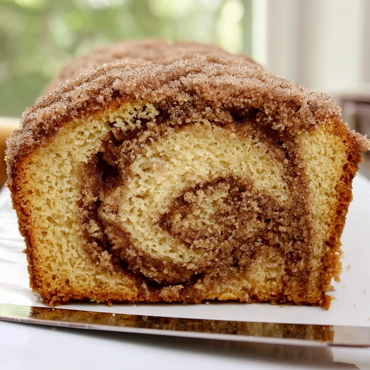 Tender cinnamon donut loaf brushed with melted butter and coated in cinnamon sugar