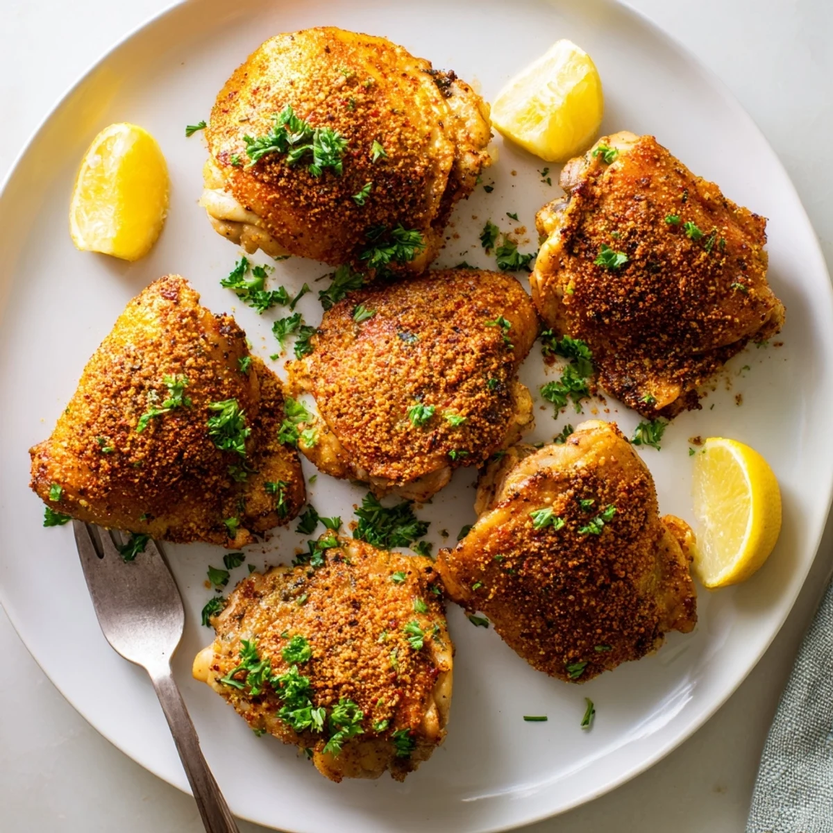 Juicy oven baked chicken thighs garnished with fresh parsley and bright lemon wedges