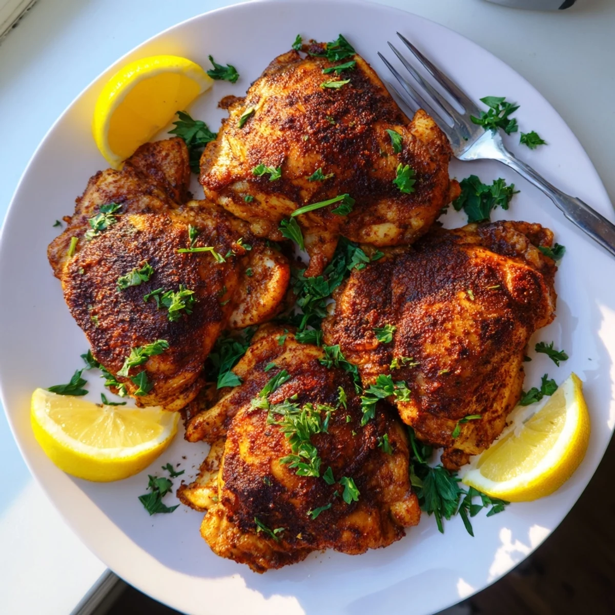Golden crispy oven baked chicken thighs with smoked paprika seasoning on a baking sheet