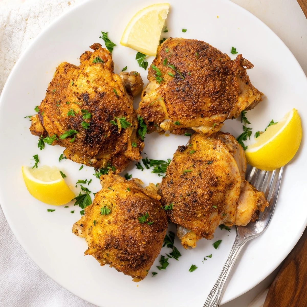 Perfectly roasted oven baked chicken thighs with crispy skin served on a white platter