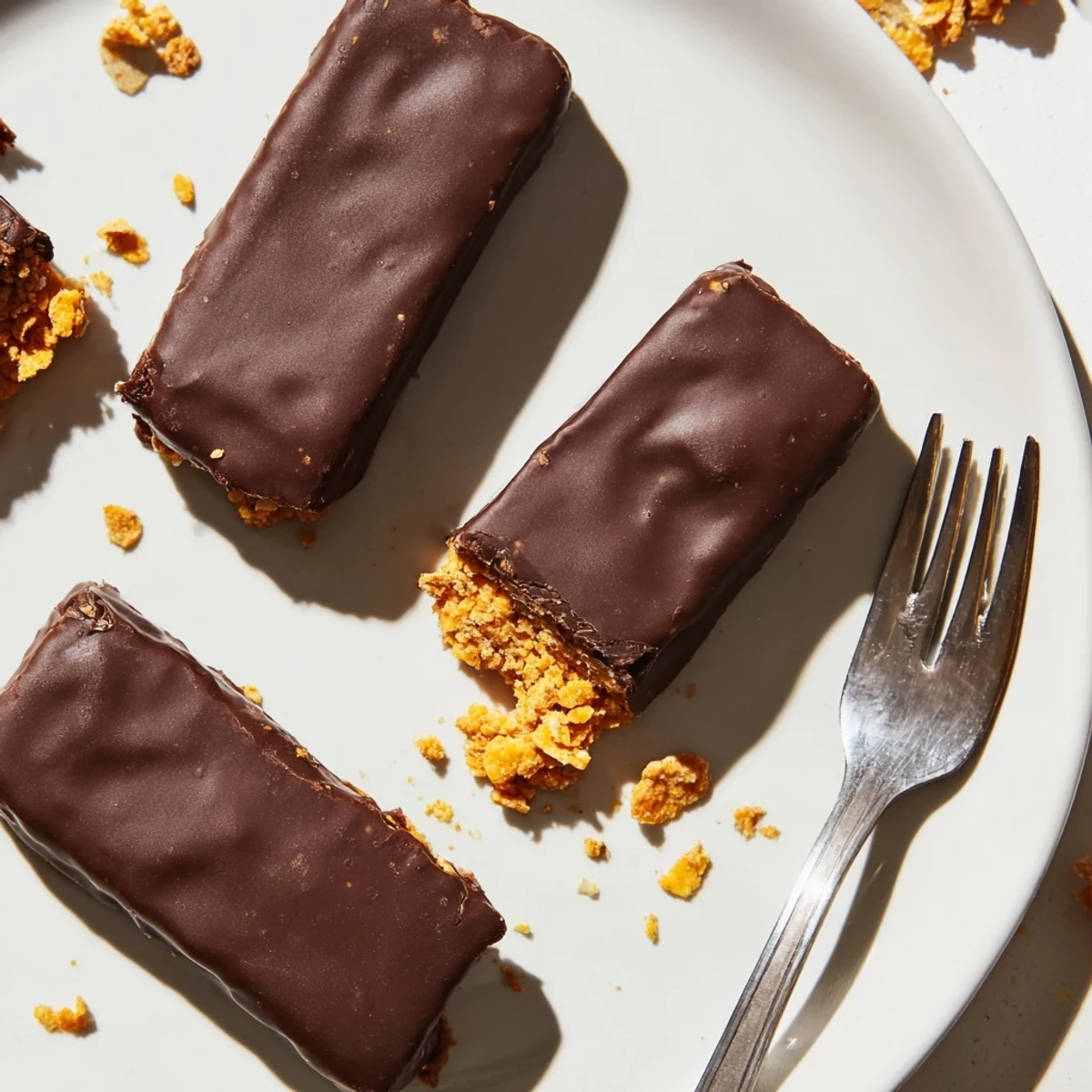 Golden healthy homemade Butterfingers coated in glossy dark chocolate on a rustic cutting board