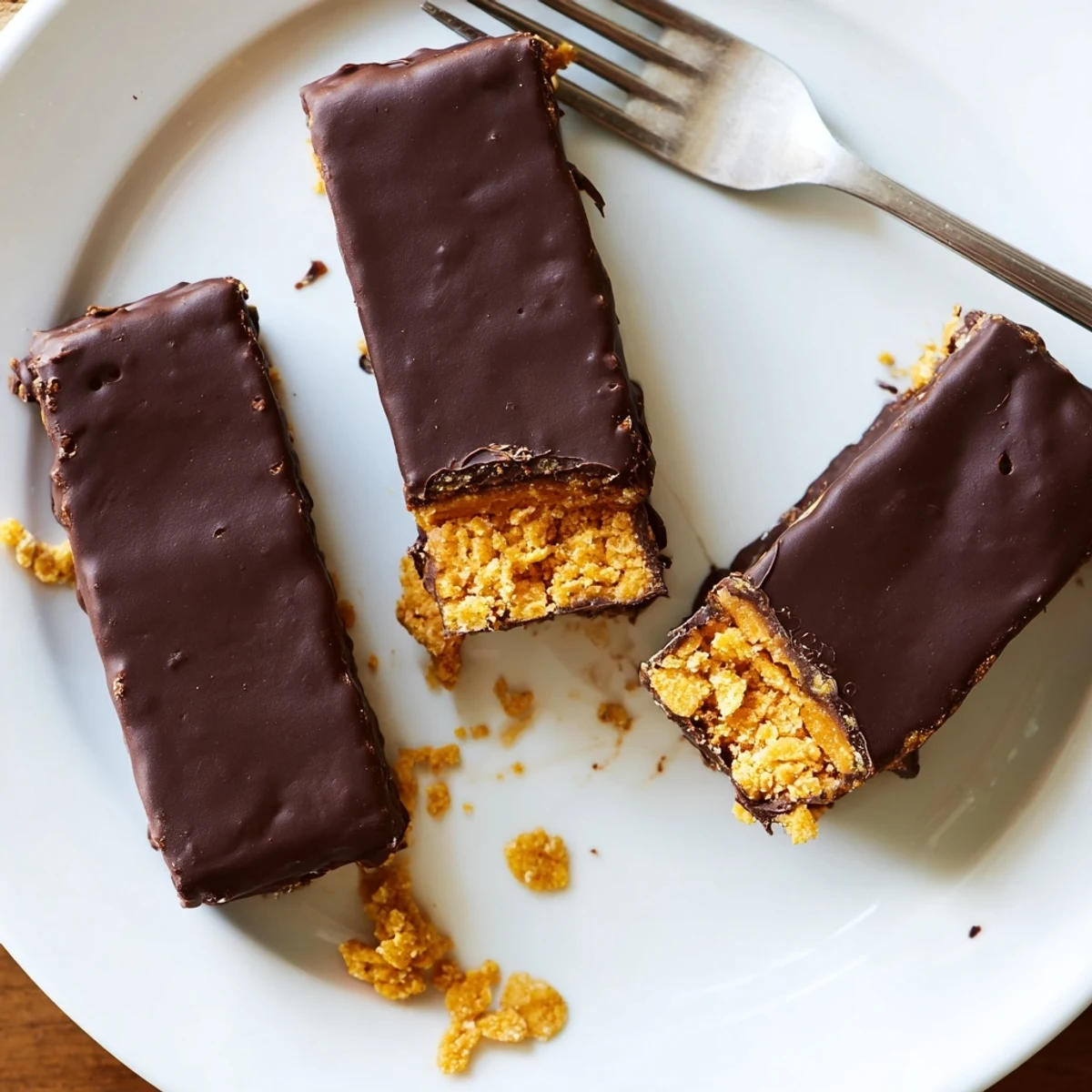 A plated healthy homemade Butterfinger bar dusted with sea salt beside a tall glass of milk