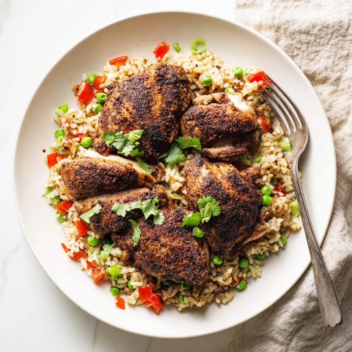 Golden jerk chicken thighs nestled in creamy coconut rice with fresh cilantro garnish