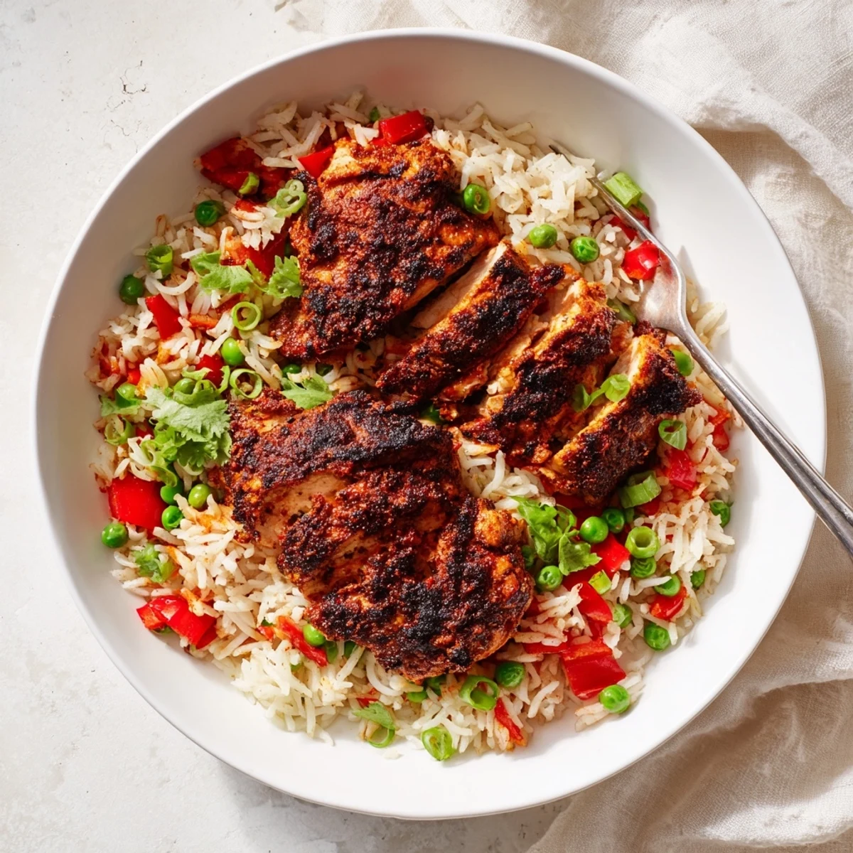 Spicy jerk chicken rice steaming in a skillet topped with spring onions and herbs