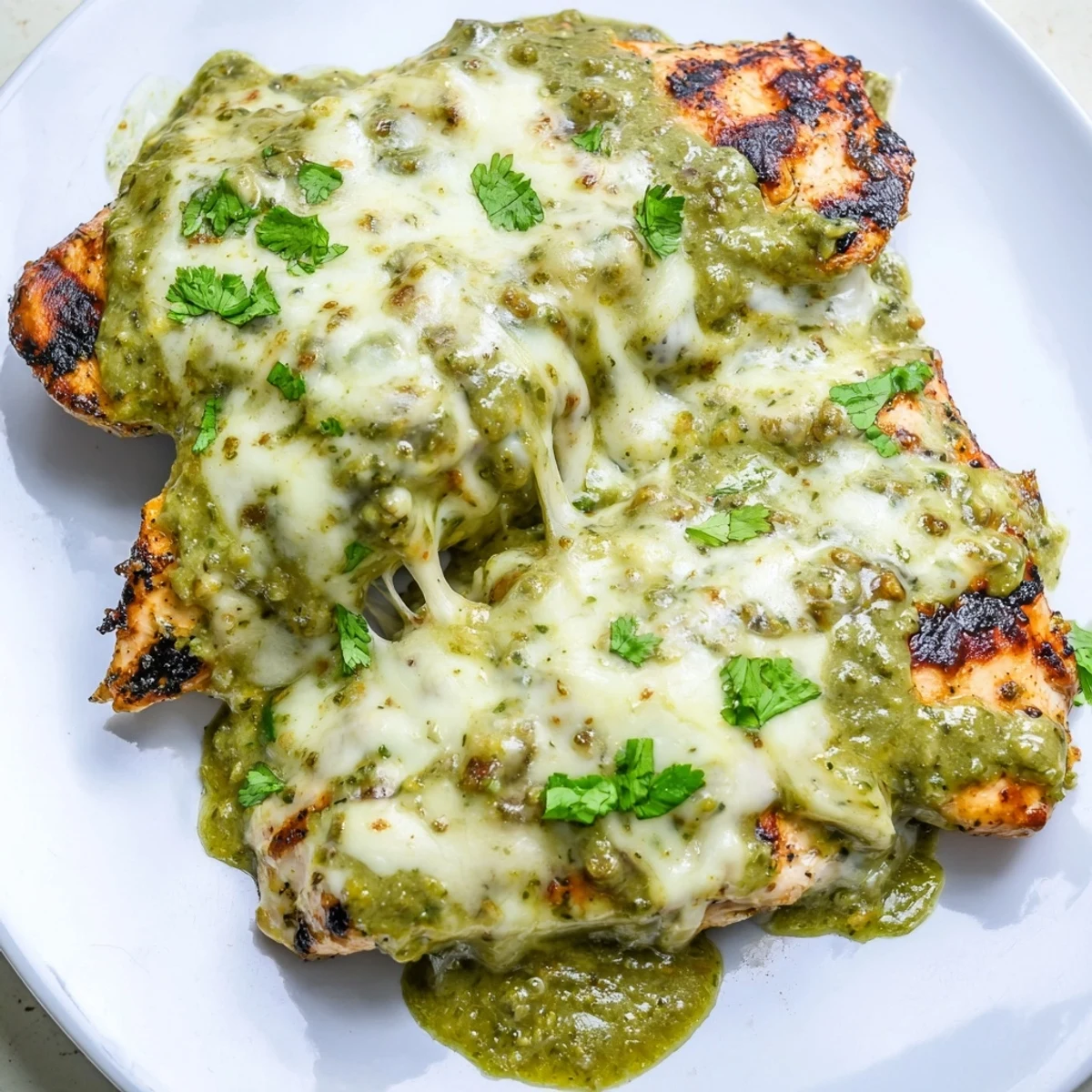 Juicy Cheesy Grilled Salsa Verde Pepper Jack Chicken with melted cheese dripping over charred grill marks