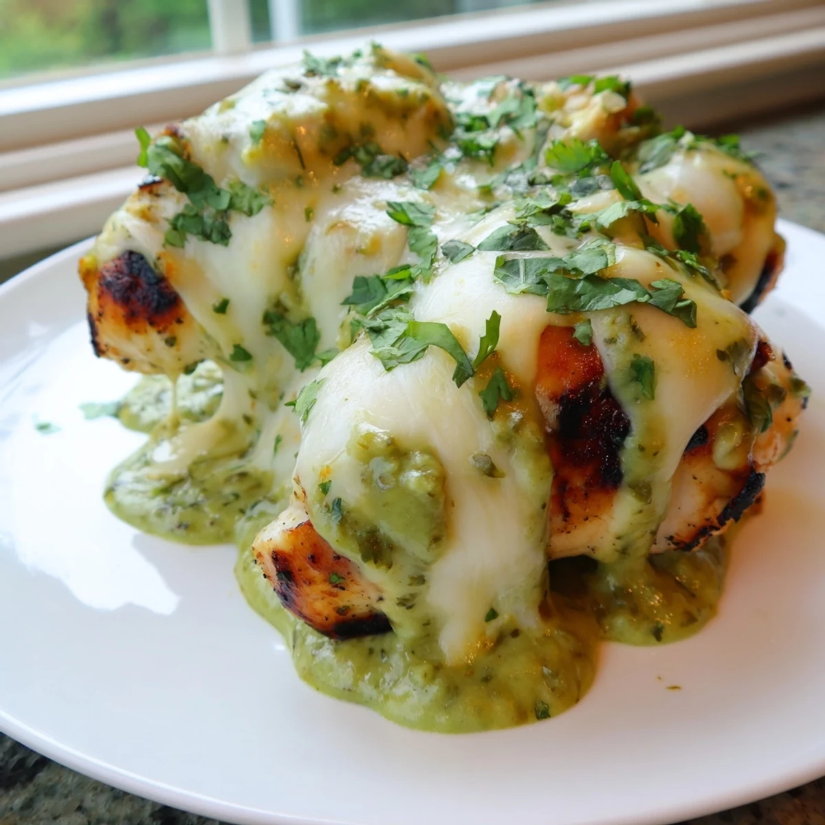 Golden grilled Cheesy Grilled Salsa Verde Pepper Jack Chicken topped with bubbling melted cheese and fresh cilantro
