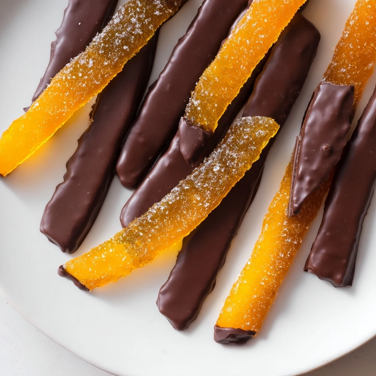 Candied chocolate covered orange peels glistening with glossy dark chocolate half dipped