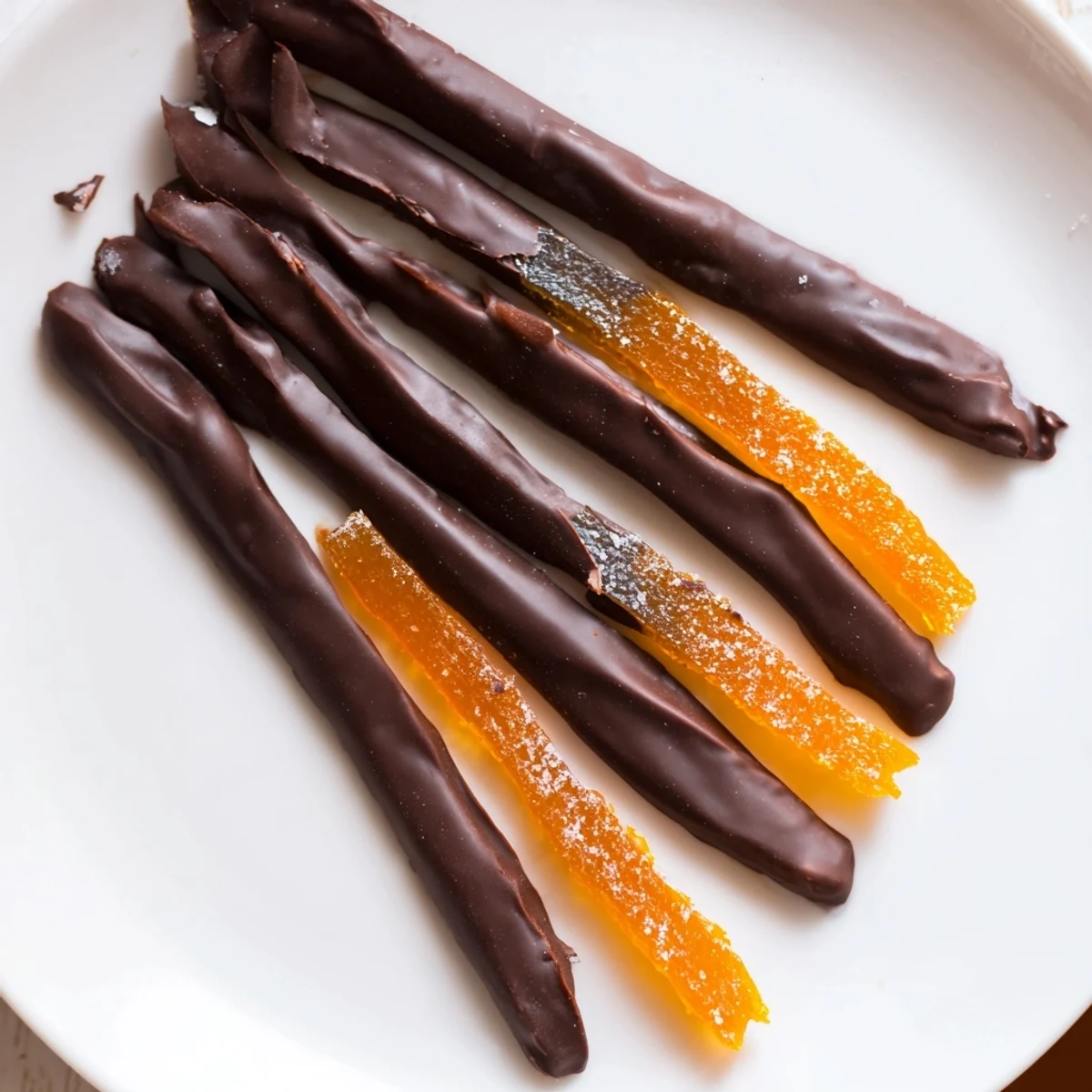 Glistening chocolate covered orange peels arranged on parchment with rich dark coating