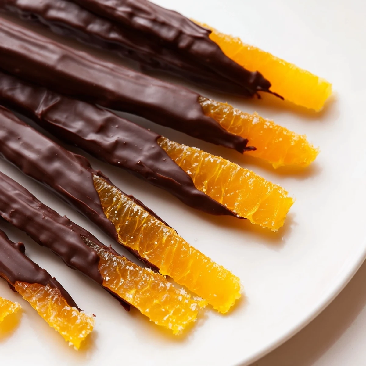 Chocolate covered orange peels resting on a wire rack with deep amber centers