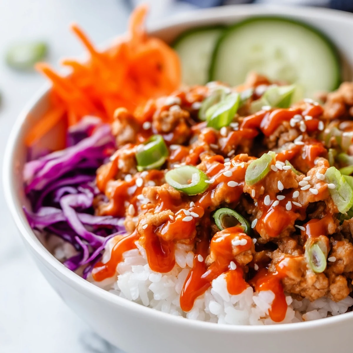 Colorful Ground Turkey Rice Bowls topped with shredded carrots cucumber and creamy sauce