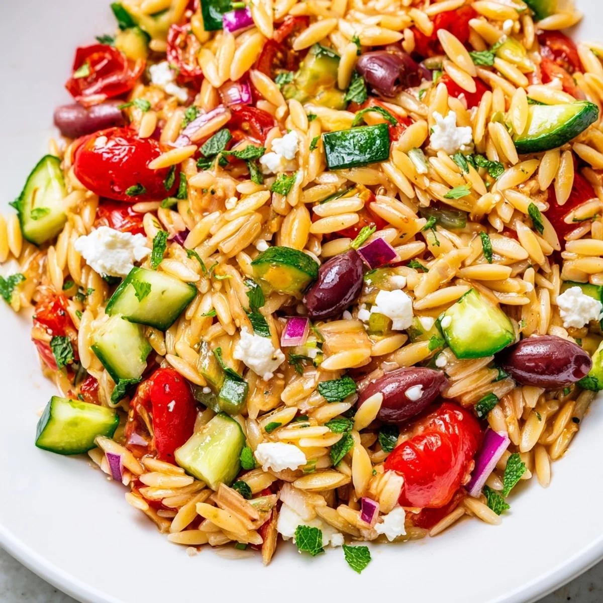 Bright Mediterranean Orzo Pasta Salad topped with crumbled feta and fresh herbs