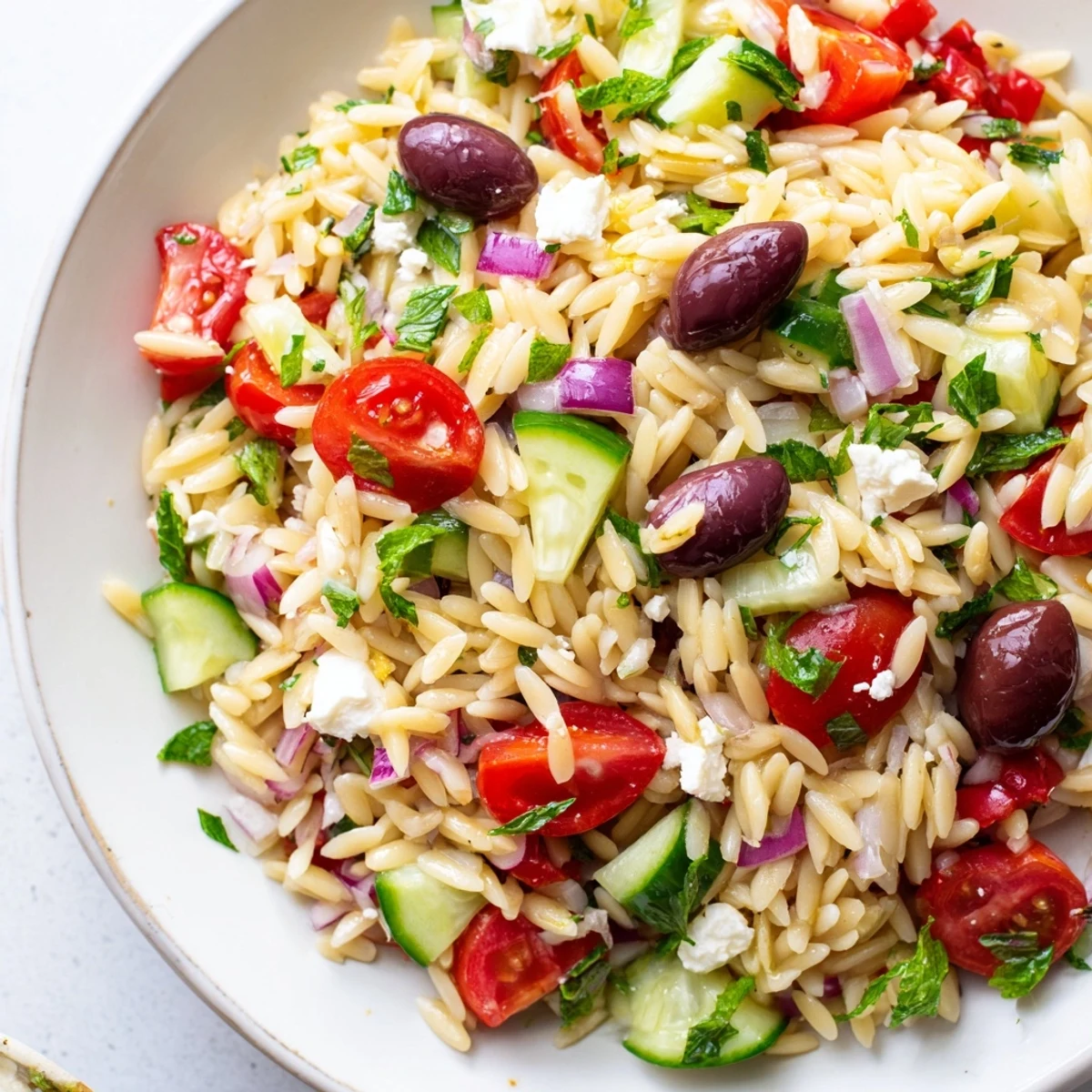 Colorful Mediterranean Orzo Pasta Salad in a rustic bowl with juicy cherry tomatoes